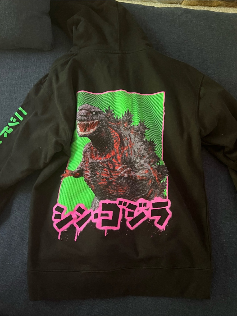 Godzilla Black Hoodie Sweatshirt with Pink and Green Graphic - Picture 2 of 3